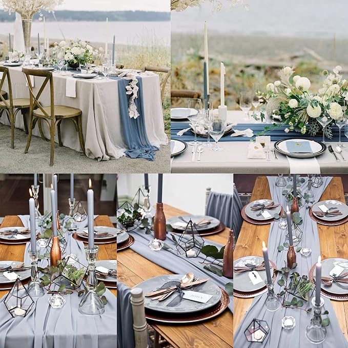 Fivenl 12 Pack Chiffon Table Runner - 12 x 120 Inches Sheer, Romantic, Wedding & Party Decoration (Dusty Blue)