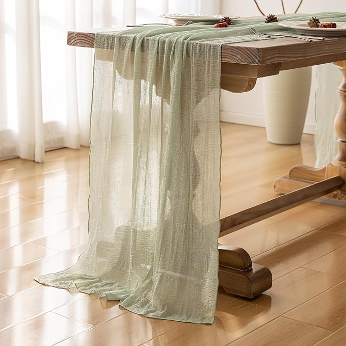 Keketoarrange Sage Green Spring Table Runner Cheesecloth 120 Inch 10 FT Rustic Boho Cheese Cloth Runner for Wedding Baby Shower Bridal Shower Sheer Gauze Centerpiece Spring Summer Home Decorations