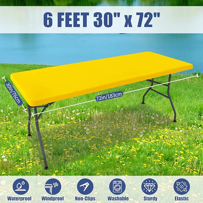 Moosfor Spandex 6 Foot Rectangle Table Cloth 4 Pack, Elastic Fitted Tablecloths for Picnic, Stretch Washable Patio Table Cover for Outdoor, Camping, Banquet and Parties (Yellow, 30"x72")