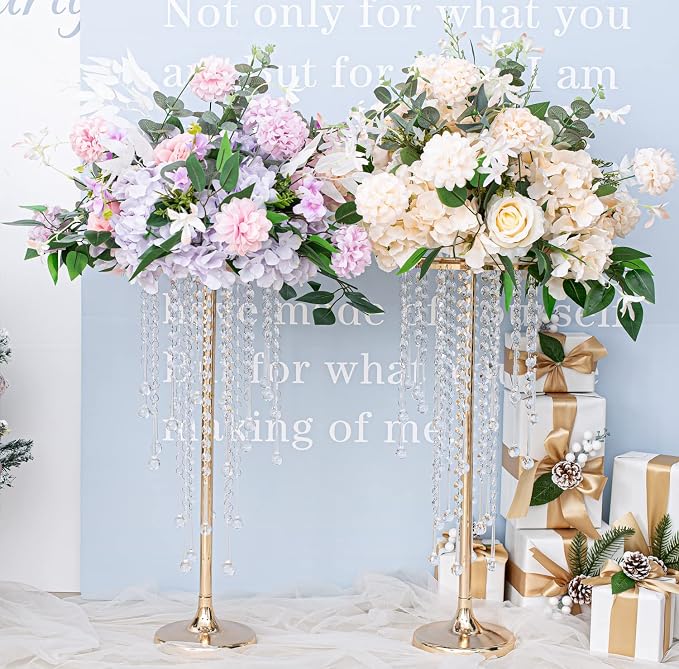 Bigsee 2 Pcs 21.65 inches Crystal Flower Stand Wedding Centerpieces for Tables, Tabletop Gold Metal Flower Arrangement Holder, Elegant Bulk Metal Vases for Reception Party Ceremony Decoration