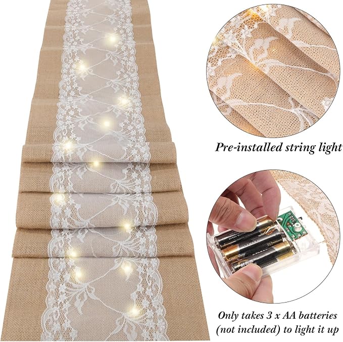 Xinnun 12 Pcs Burlap Table Runner with Lights 12 x 108 Inches Burlap Lace Table Runner Rustic Wedding Decorations Home Party (Vine)