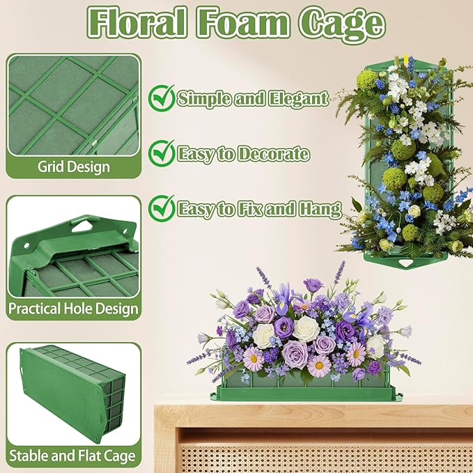 8PCS Floral Foam Cage, Flower Cage Holder, Dry and Wet Rectangle Flower Arrangement, Hangable Green Blocks Floral Foam Cages for Artificial Flesh Flower Wedding Holiday, Home, Garden Party Decorations