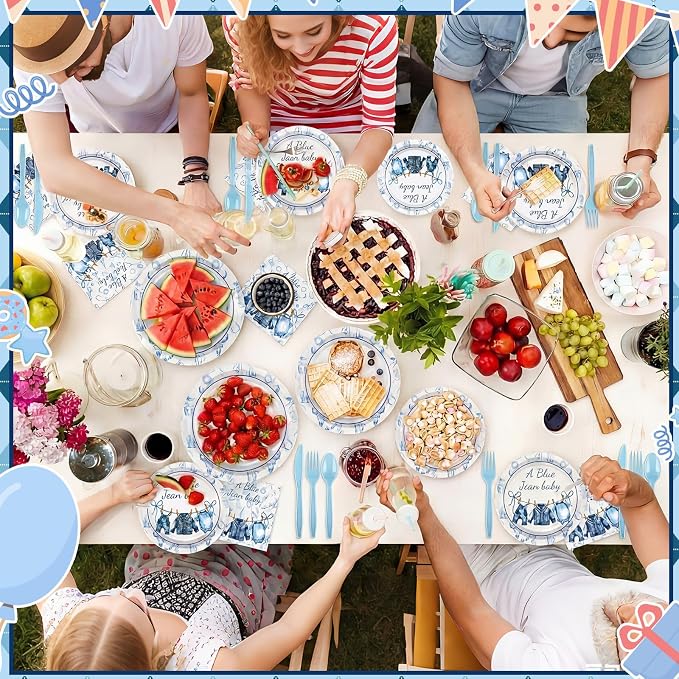 Yungyan 168 Pcs Blue Jean Baby Shower Birthday Party Decoration Disposable Blue Paper Plates Napkins Tableware Set for Boho Rustic Country Bridal Birthday Baby Shower Party Supplies Serves 24