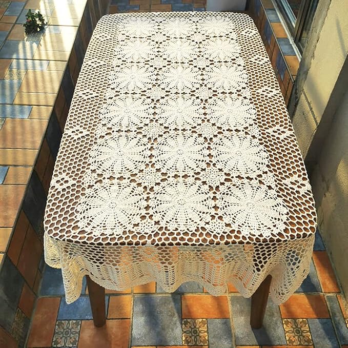 USTIDE Shabby Handmade Crochet Tablecloth Rectangle Romantic Table Cover Beige Lace Design Table Overlays Rectangular 51inchesx70inches