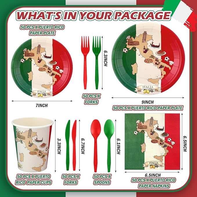 FoldTier 350 Pcs Italian Flag Plates and Napkins Party Supplies Disposable Paper Tableware Set Red White and Green Italian Flag Party Decorations for Holiday Festival Family Serve 50 Guests