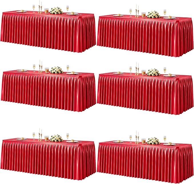 6 Packs Red Satin Tablecloths Rectangle 6FT, Glitter Spandex Fitted Stretch Table Covers Wrinkle-Free Floor Length Shimmer Table Skirt for Weddings Parties Baby Shower Banquets Vendor Events
