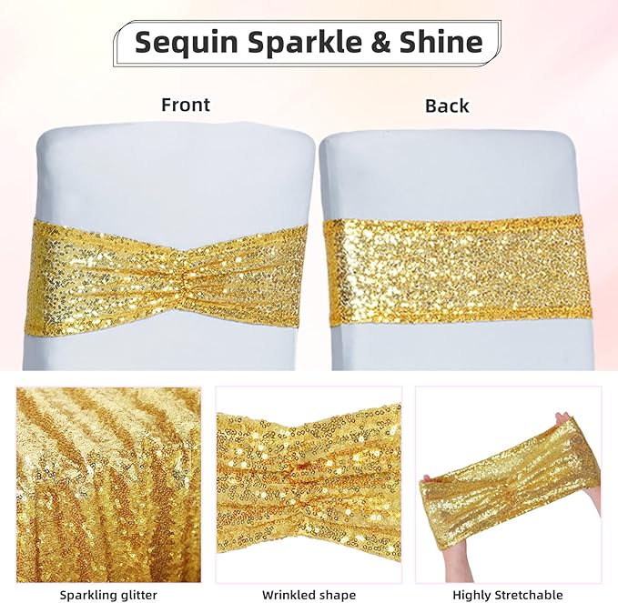 Poise3EHome Gold Sequin Chair Sashes Folding Chair Covers Bow for Party Wedding Reception Decorations, 100 PCS