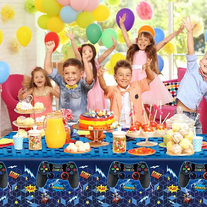Video Game Birthday Decorations Includes Plates, Napkins, Cups, Cutlery, Cake & Cupcake Toppers, Banner, Hanging Swirls, Tablecloths, Balloons for Boys Gamer Birthday Party Decorations, Serves 24