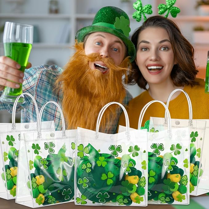 Hosuly 24 Pcs St. Patrick's Day Clear PVC Gift Bags with Handle Button Reusable Lucky Shamrock Candy Treat Goodie Bags for St. Patrick's Day Irish Theme Party Favors Supplies