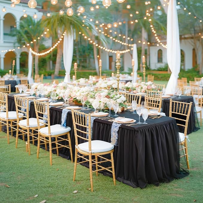Black Tablecloth for 8 Foot Rectangle Tables, Ruffle Tulle Table Skirt for Rectangle Table 8ft Tables Cover Fitted Banquet Birthday Party Wedding Tablecloth Elastic Stretch