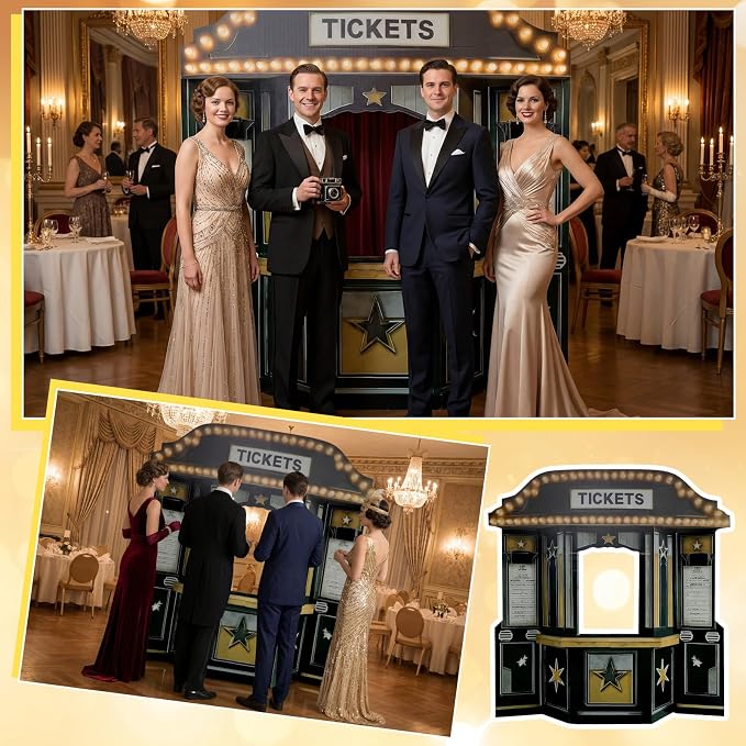Threehoney 5.3 ft Movie Awards Night Party Decoration 3D Movie Theater Ticket Booth Cardboard Cutout Stand up Premiere Party Decorations Theater Ticket Booth Photo Backdrop for Awards Theme Decoration