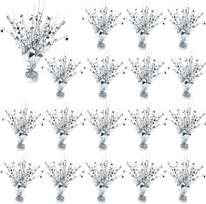 FUBININA 18 Pack Metallic Foil Spray Centerpiece Star Table Decoration Burst Glitter Tabletop Centerpieces for Birthday Christmas New Years Nye Wedding Graduation Holiday Party Supplies Decor, Silver