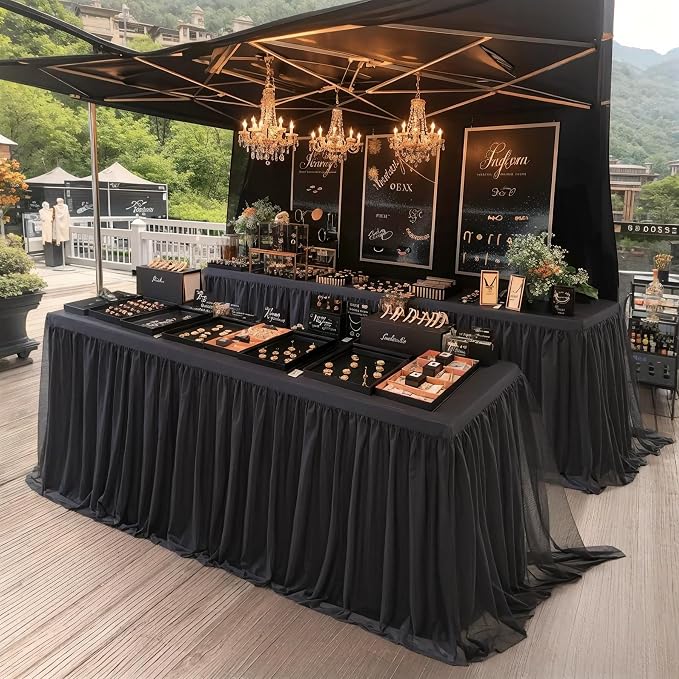 Suppromo Black Tulle Tablecloths for 8 Foot Rectangular Tables, 8ft Black Tulle Table Skirt Wrinkle Free Table Cover with Tutu Skirt for Wedding Birthday Party Banquet Buffet Tradeshow Event