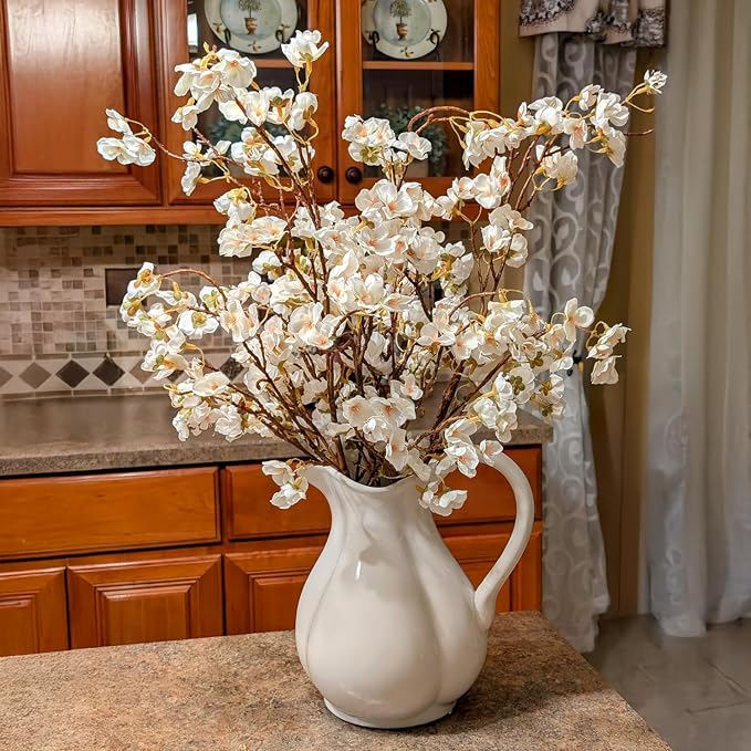 Ammyoo 4 Pcs Artificial Cherry Blossom Flower Branches, Bulk Silk Faux Flowers Real Touch Bouquet for Home Wedding Party Centerpieces Spring Summer Decor, Vase Not Included (White)