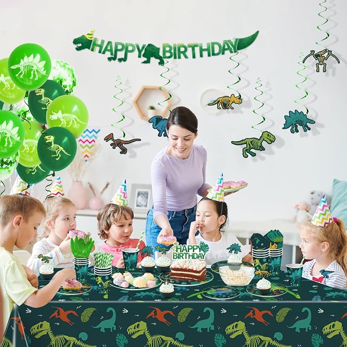 274 Pcs Dinosaur Birthday Decorations, Dinosaur Birthday Party Supplies with Banner, Balloons, Cake Toppers, Plates, Cups and Tablecloth for Boy Dino Party Decor, Serves 24