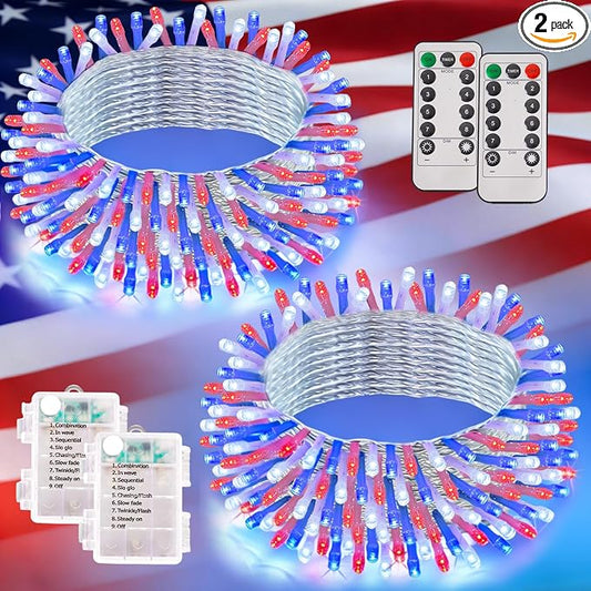 YEGUO Red White and Blue Lights Battery Operated, 2 Pack Each 33ft 100 LED 4th of July Lights Outdoor Waterproof, 8 Modes Clear Wire Fairy Light Indoor with Remote for Memorial Day Patriotic Decor