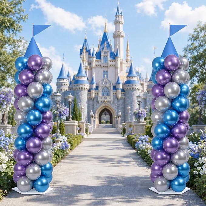 2 Sets Blue Princess Castle Balloon Column Stand Kit with 100 Balloons 2 Tricorne Hat 2 Pennant Snow Party Adjustable Balloon Tower Stand with Bases for Floor Girl Princess Birthday Party Supplies