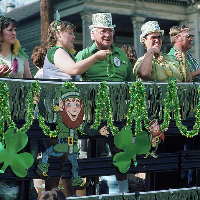 St Patricks Day Garland Decor,50Ft Glitter Tinsel Irish Shamrock Garland Decorations for Tree Mantle Bedroom Office Classroom Party Indoor Outdoor Holiday Home Green Gold