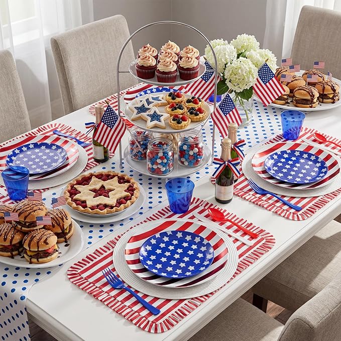 KIRE 150PCS 4th of July Plates & Red White Blue Disposable Plastic Silverware &Clear Blue Cups-American Flag Patriotic Party Supplies for Memorial Day/Independence Day/Veterans Day