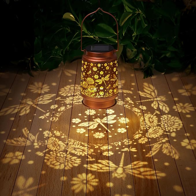 2 Pack Dragonfly Solar Lanterns Outdoor Waterproof Daisy Garden Decor Birthday Gifts for Women Mom Grandma Hanging Solar Lights Metal Lantern Decoration Outside for Porch,Patio,Yard,Backyard