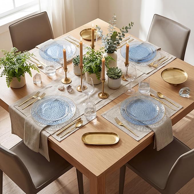 I00000 150Pcs Clear Blue Plastic Plates with Gold Rim,Blue Disposable Plates,Clear Hammer Patterned Disposable plates Set include 30 Dinner Plate,30 Dessert Plate,90 plastic Silverware Set for Party