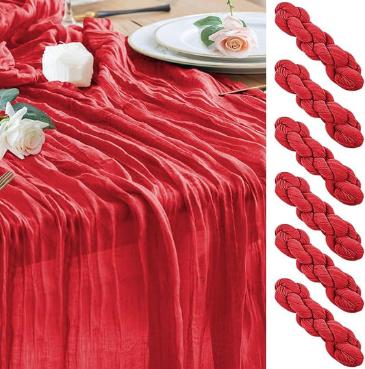 Wokceer Red Cheesecloth Table Runner Valentine's Day 6Pack 10FT Boho Gauze Cheese Cloth Table Runner for Party Long Rustic Sheer Easter Runners for Baby Bridal Shower Wedding