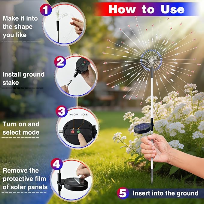 btfarm 4th of July Decorations Outdoor 4 Pack 120LED, Red White Blue Firework Lights Solar Powered, Waterproof Patriotic Garden Light for Independence Day Memorial Day Yard Pathway Lawn Decor