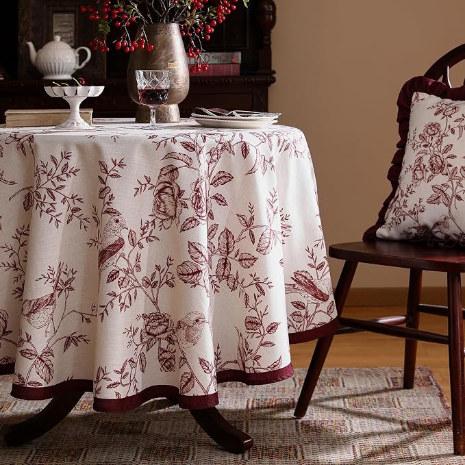 ISAENNE Designer French Linen Round Tablecloth,Diameter 55"-Harmony | Vintage Elegant Beautiful Decoration Table Cloth,Red Floral and Bird Pattern,Heavy,Dining,Tea Party,Kitchen,Thanksgiving