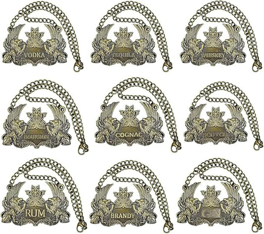 Decanter Tags Copper Liquor Decanter Label Set of 9 for Bottles or Decanters, Whiskey Liquor Tag with Adjustable Chain-Whiskey, Bourbon, Scotch, Gin, Rum, Vodka, Tequila and Brandy - Copper Colored
