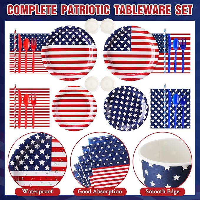 450 Pcs 4th of July Patriotic Tableware Set Decorations USA Red White Blue American Flag Paper Plates Napkins Cups Cutlery Straws for 250th Anniversary Birthday Party Supplies, Serves 50