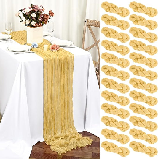 24 Packs Gold Table Runner, Charming Cheesecloth Table Runner 17 x 108inch, Gauze Boho Wedding Decoration Rustic Sheer Fabric Cheese Cloth Table Runners for Wedding Party Bridal Shower