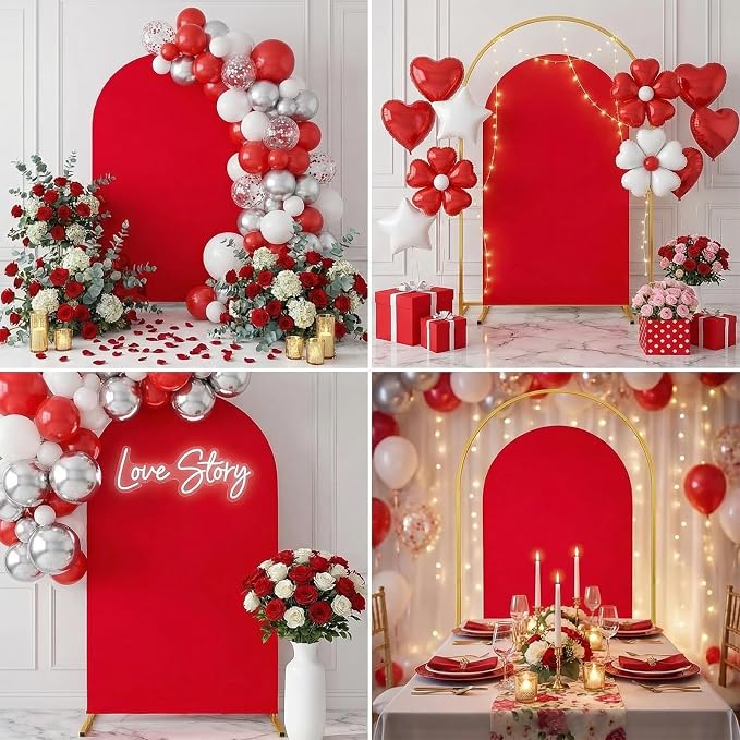 Metal Arch Stand and Cover Set,1 Red Spandex Fitted Backdrop with 1 Gold Wedding Arched Stand Frame for Parties Birthday Baby Shower Bridal Banquet Decoration (7.2FT)