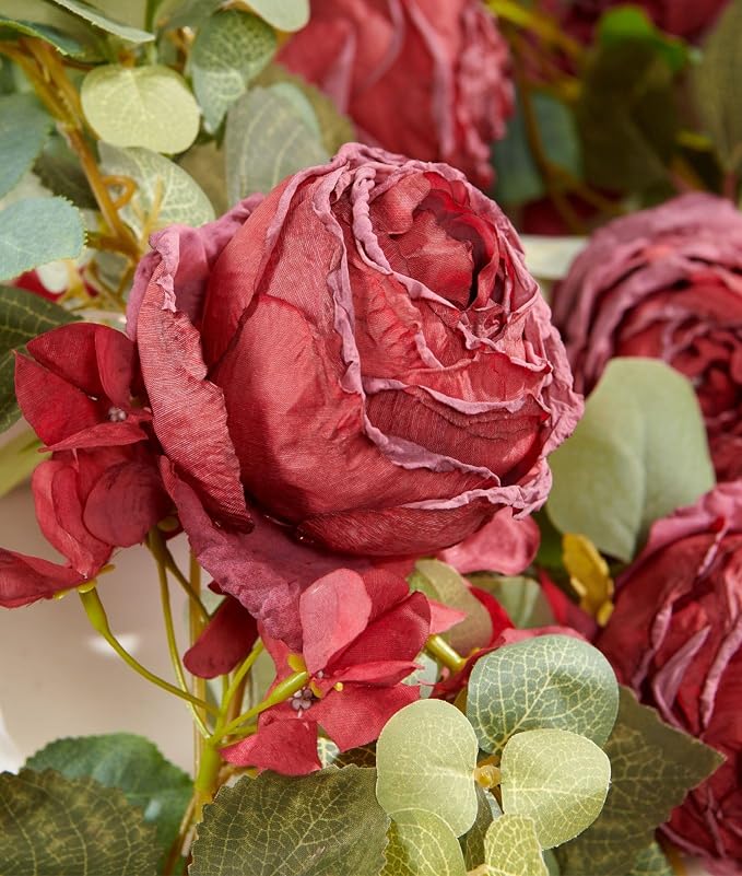 PONKING Flower Garland Artificial Rose & Hydrangea Vine Hanging Fake Flowers Vines for Wedding Birthday Party Valentines Christmas Room Wall Arch Decor, 1 Rose & 1 Hydrangea Red Floral Garland