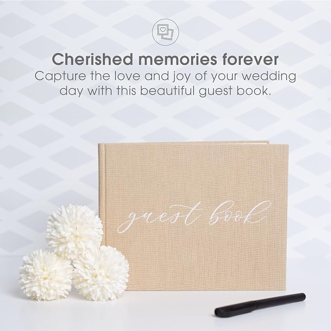 Pearhead Linen Wedding Guest Book with White Script, Elegant Bridal Shower & Wedding Keepsake, Includes Pen, 100 Blank Pages, 7 x 9, Beige