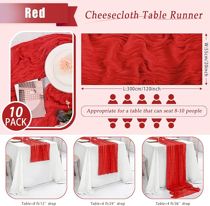 10 Pack Red Cheesecloth Table Runner 17x108 Inch Semi Sheer Boho Rustic Gauze Cheese Cloth Table Runners for Wedding Party Birthday Baby Shower Home Décor