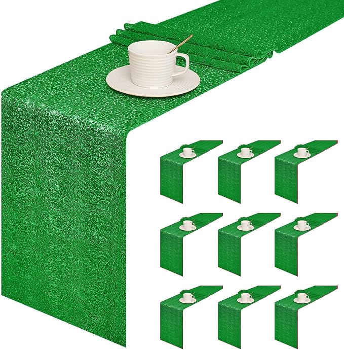 Sugargirl 10 Packs 12 x 72 inches Sequin Table Runner, Glitter Grass Green Table Runner for Birthday Party Supplies Wedding Holiday Celebration Event Decorations