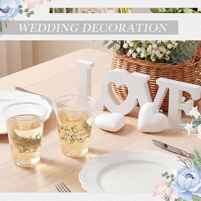 Jingmore 200 Pcs Wedding Plastic Cup 12 oz Wedding Disposable Cups for Reception Thick Clear Cup Happily Ever After Mr and Mrs Just Married Cups for Bridal Shower Decorations (Green Floral)