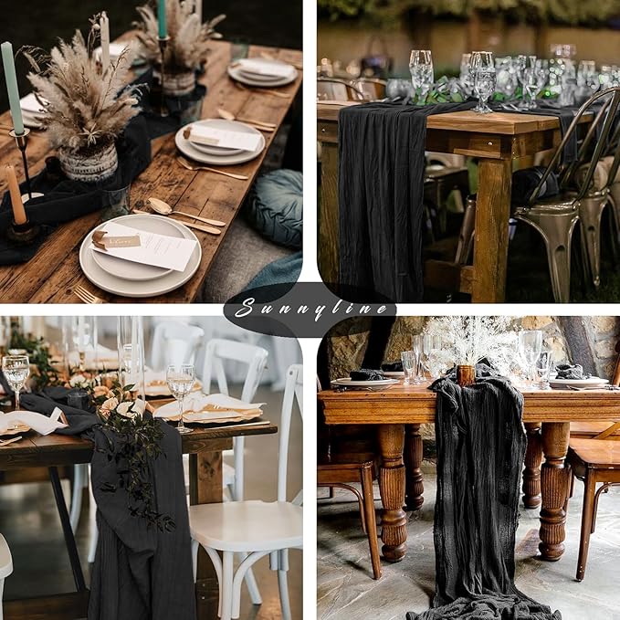 Black Cheesecloth Table Runner 10FT Gauze Fabric Boho Cheese Cloth Table Runner Decoration Rustic Semi Sheer Runner for Wedding Birthday Baby Bridal Shower Party Table (35 x 120 Inches Long)