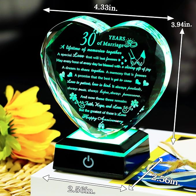 30th Wedding Anniversary Crystal Gifts for Couples Parents Romantic 30th Anniversary Heart Gifts for Her Him with Colorful LED Base 30 Years of Marriage Gift for Wife Husband