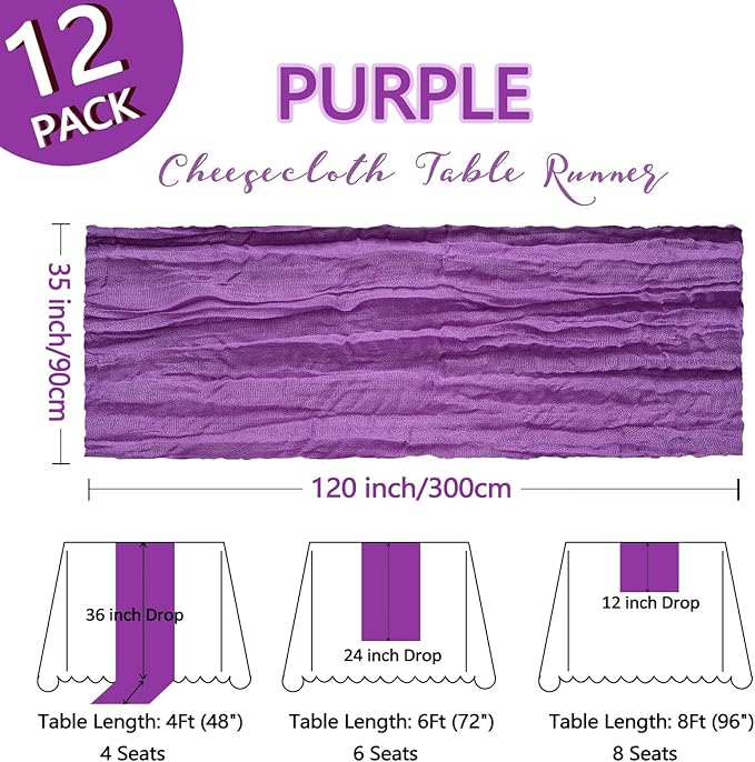 12 Pack Purple Cheesecloth Table Runner 10Ft Spring Gauze Cheese Cloth Table Runner 35x120 Inch Boho Sheer Rustic Fabric for Holiday Party Decor Baby Shower Wedding Decorations