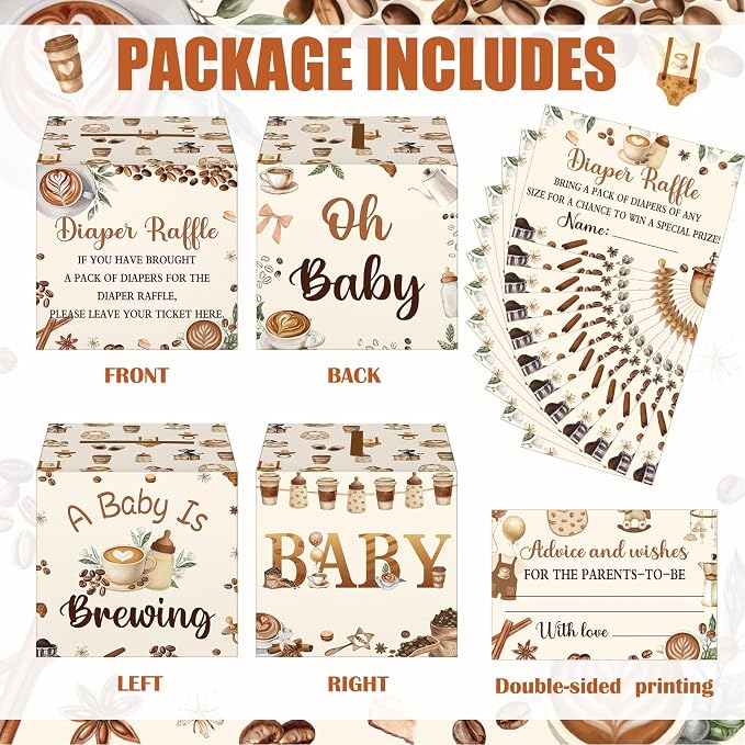 Teling 51 Pieces Coffee Beans Diaper Raffle Tickets Box with Card Baby Shower Decorations Gender Reveal Holder Box for Girl Boy Diaper Raffle Party