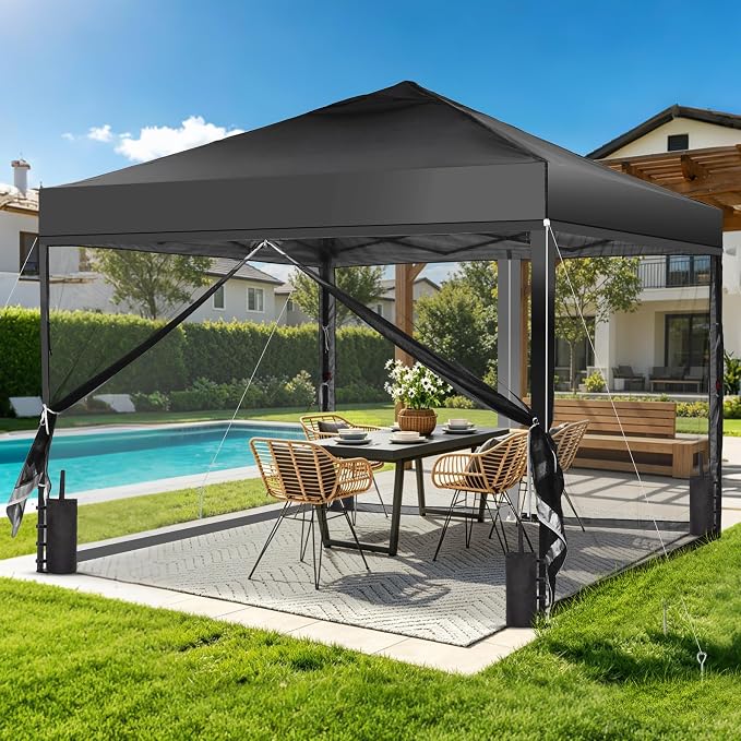GDY 10x10 Pop up Canopy Tent with Mosquito Netting, Easy up Gazebo for Patio, Camping and Garden, Includes 4 Sandbags, Black