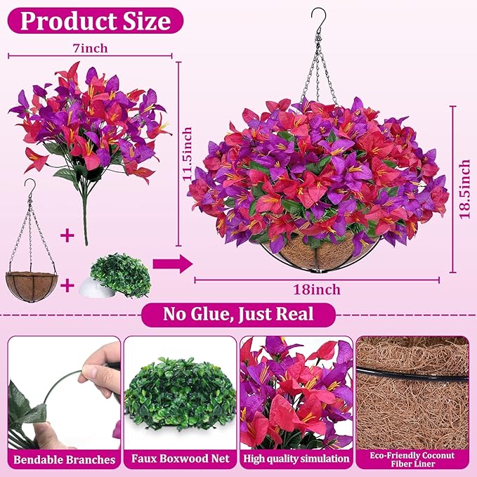 Artificial Fake Hanging Flowers Plants Baskets for Outdoors, Faux Silk Bougainvillea in Planter UV Resistant Realistic Spring Summer Decoration for Outside Porch Patio Yard Home Decor (Purple Hotpink)