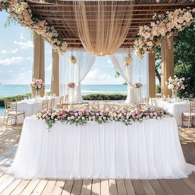 White Table Cloths 6 Foot Rectangle Stretch Ruffle Tulle Tablecloth Spandex Fitted Table Cover for 6 Foot Tables White Tulle Table Skirts Rectangle Tables 6ft Elastic Party Wedding Table Cloths
