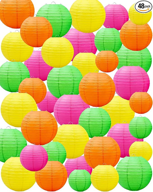 Treela 48 Pcs Paper Lanterns Party Decorations Chinese Round Paper Decor 4/6/8/10 Inch Asian Hanging Lamps Decorative for Graduate Wedding Birthday Party Bridal Parties Supplies(Neon)