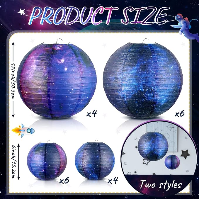 Hortsun 20 Pieces Galaxy Print Paper Lanterns Chinese Japanese Lanterns Space Themed Hanging Paper decoration Ceiling Decor Galaxy Themed Party Supplies for Home Birthday Party, 12 Inch and 6 Inch
