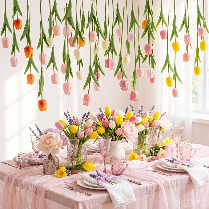 24 Pack 6 Colors 5 ft Artificial Tulips Hanging Flower Garland Decorations Spring Summer Dangling Faux Tulip Floral Vine Strings with Hooks for Wall Ceiling Wedding Tea Party