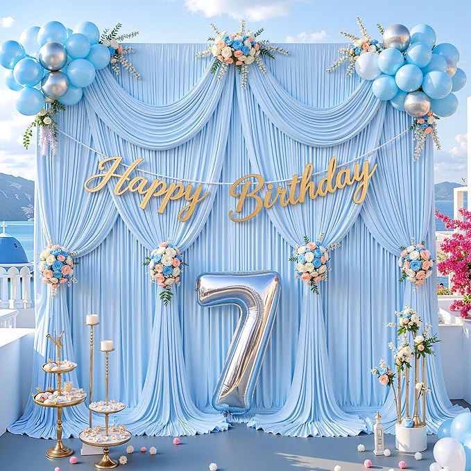 10x8ft Baby Blue Photo Backdrop Curtains for Parties Baby Shower Wrinkle Free Polyester Photoshoot Curtains Drapes Backdrop for Boy Birthday Party Gender Reveal Photography Background 2 Panels 5x8FT