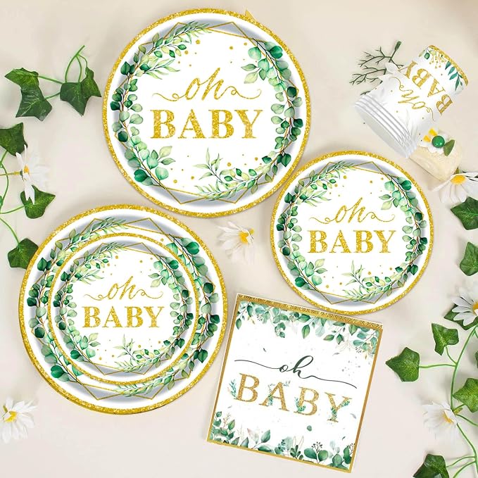 Sage Greenery Baby Shower Party Supplies - 350 PCS Gender Neutral Disposable Dinnerware Set (50 Guest) with OH Baby Paper Plates and Cups and Napkins Sets for Baby Girl Boy Shower Decorations