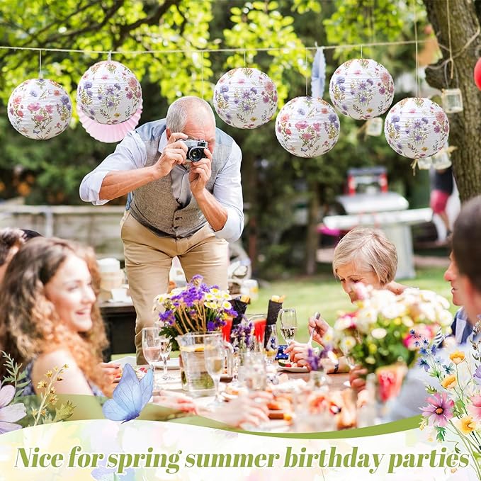 Honoson 12 Pcs Wildflower Paper Lanterns Spring Floral Wildflower Party Decorations Hanging 10 Inch Chinese Lanterns for Wedding Bridal Shower Baby Shower Tea Party Decorations